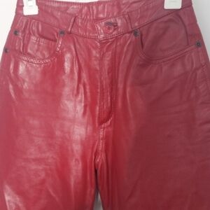 Vintage Red Leather Straight-Leg Pants